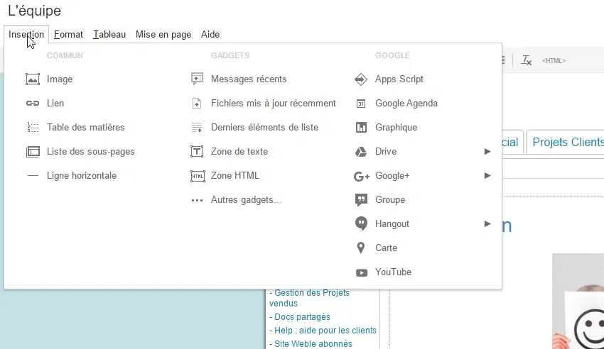 Menu insertion google sites