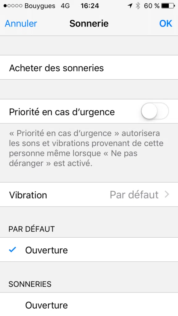Notifications dans menu contact avec un Iphone