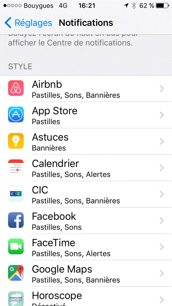 Réglage des notifications menu principal