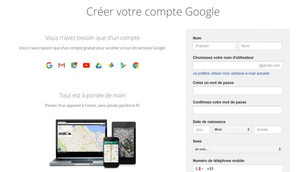 Google création de compte