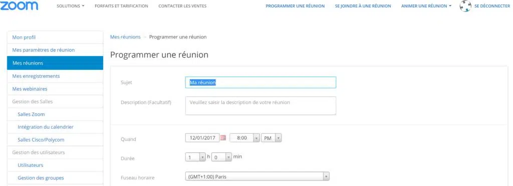 Programmer une réunion dans Zoom