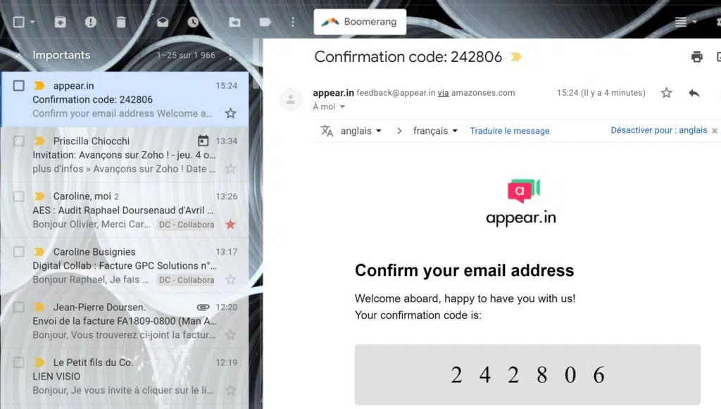 boite mail et code de vérification appear.in