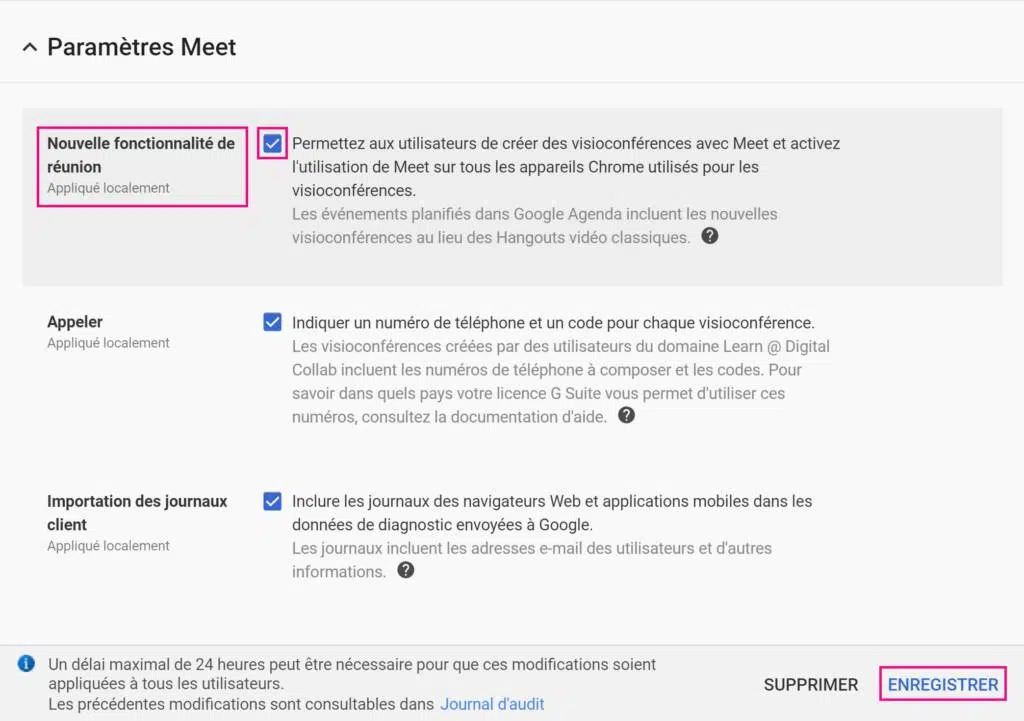 Console d'administration : Google Hangouts Meet
