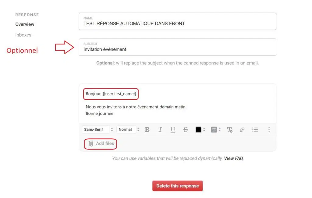 Front Apps : Réponses automatiques + champs personnalisables